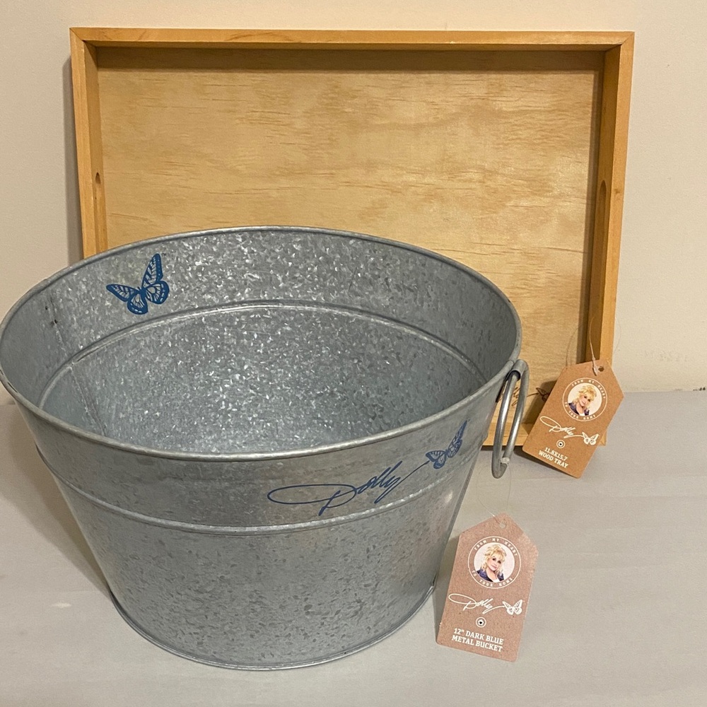 Dolly Parton galvanized tub Bucket & wooden serving tray Blue Butterfly new